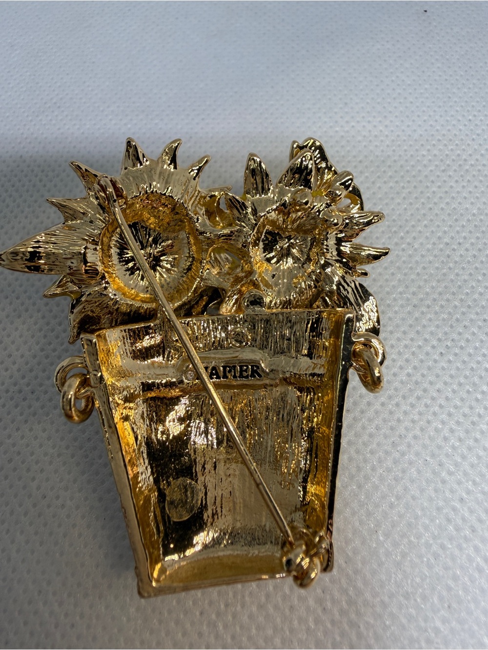 Napier Brooch Gold Tone Sunflower Butterfly Pot with Crystal & Enamel Accent - Picture 3 of 11